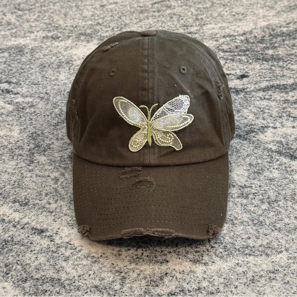 New Custom Designed Olive Green Distressed Baseball Cap with Lace Butterfly
